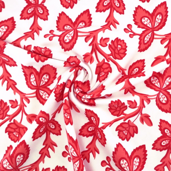 Jersey, Ranken, Flowers, Coral, Rot, Meterware