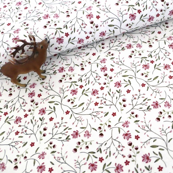 Jersey Ranken, Blumen, Off-White, Altrosa, Meterware