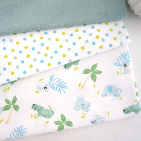 Stoffpaket Jersey, Safari, Ink Dots, Weiß/Mint/Blau, Bündchen