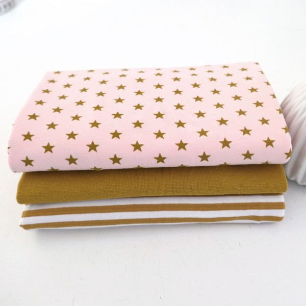 Jersey Stoffpaket, Sterne Rosé, Streifen und Bündchen Senf