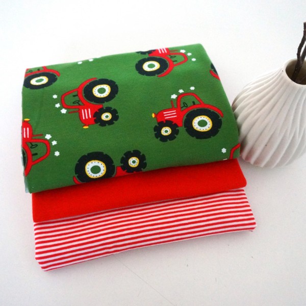 Stoffpaket Jersey, Trecker, Traktor, Rot, Ringel, 50cm Bündchen