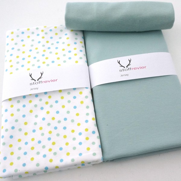 Stoffpaket Jersey, Ink Dots, Weiß/Mint/Blau, Uni Mint, Bündchen