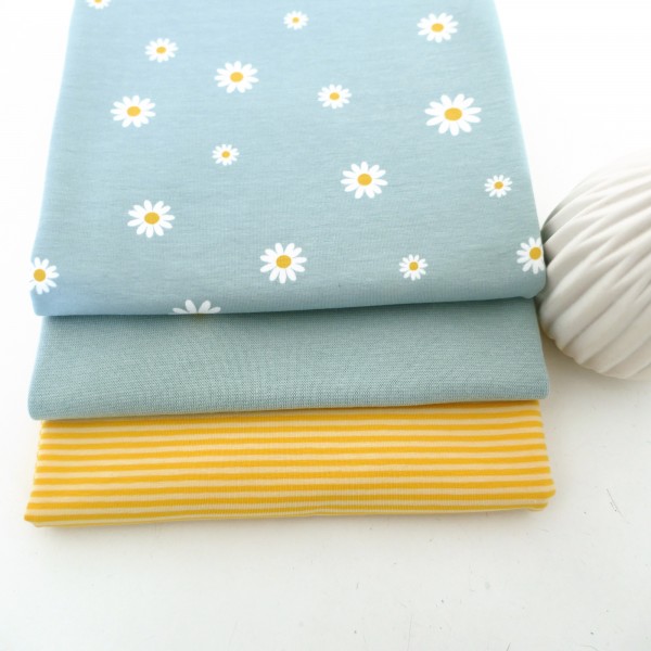 Stoffpaket Jersey, Margheriten, Mintblau, Ringel Gelb, Bündchen