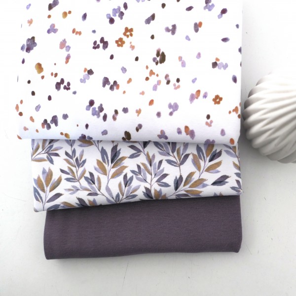 Stoffpaket Jersey Blätter, Zweige, Kleckse, Mauve, 50cm Bündchen