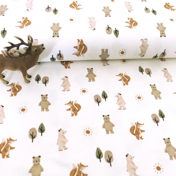 Jersey, Fuchs und Bär, Off-White, Grün, Beige, Creme, Meterware