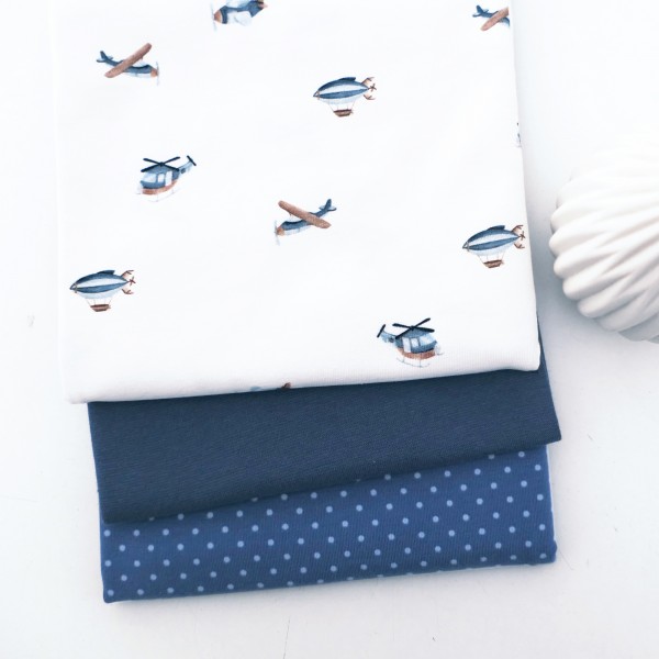 Stoffpaket Jersey Hubschrauber Water Colour, Punkte Mittelblau, 50cm Bündchen