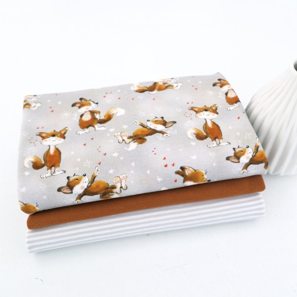 Stoffpaket Jersey 'freche Füchse' Grau, Ringel, 50cm Bündchen Ocker