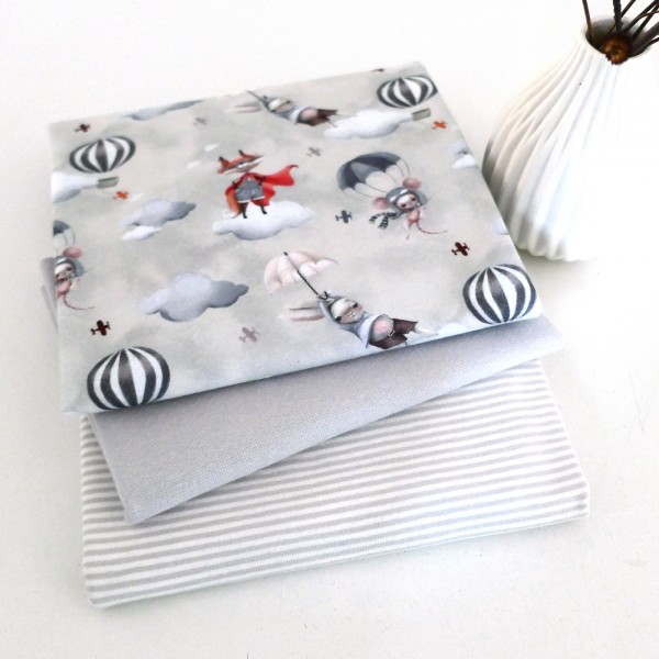 Stoffpaket Jersey Let's Fly, Hellgrau, Ringel, 50 cm Bündchen