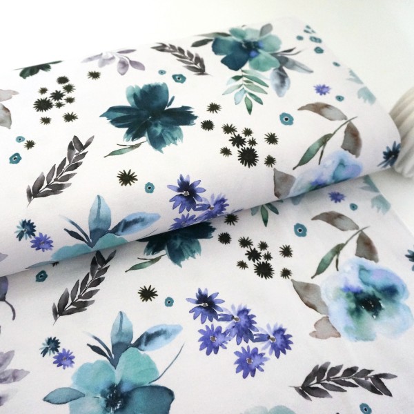 Jersey, Gypsy Flower, Weiß/Blau, Digitaldruck, Meterware