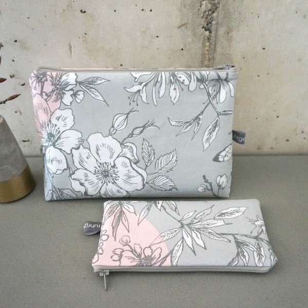 Kulturtasche und kleine Schminktasche im Set, Kirschblüte, Grau
