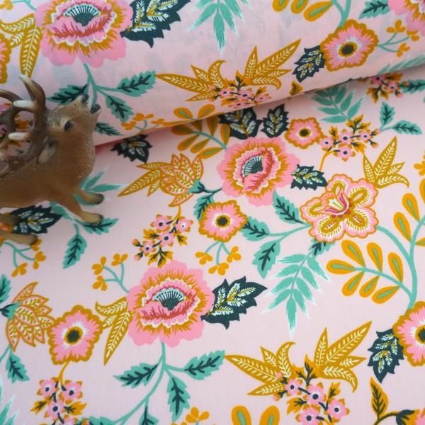 beschichtete Baumwolle, Paisley Blumen, Rosa, Meterware