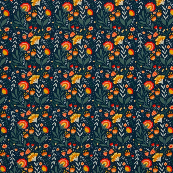 French Terry, Fields of Joy, Blumen, Dunkelblau, Bunt, Meterware