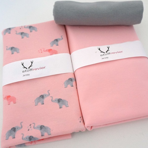 Stoffpaket Jersey, Elefanten, Uni, Rosa, Bündchen