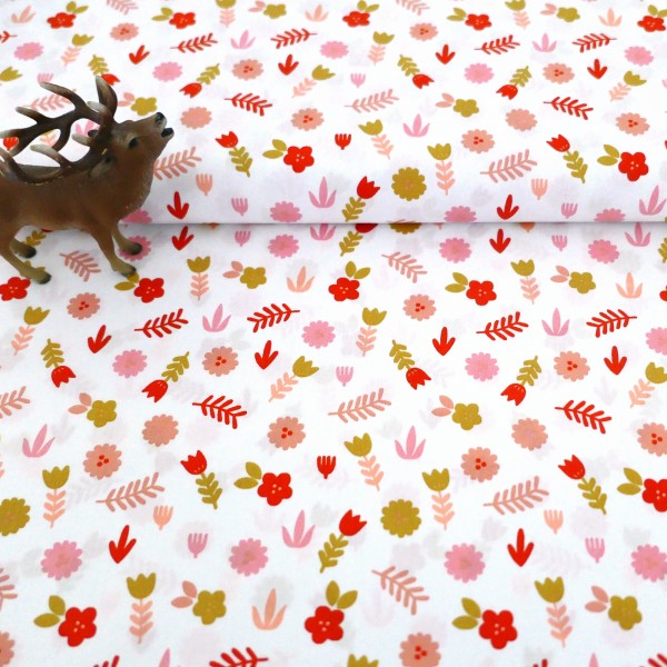 Baumwollstoff, Popelin, Streublumen, Weiß, Rosa, Rot, Gelb, Meterware