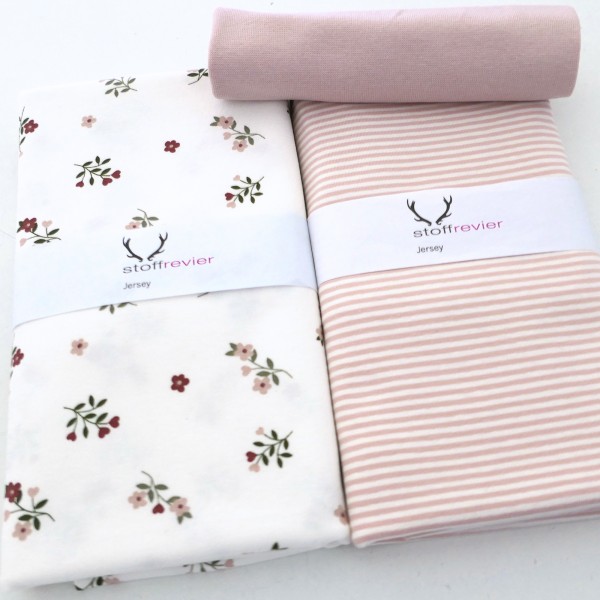Stoffpaket Jersey, Streublumen, Ringel, 50cm Bündchen Rosé