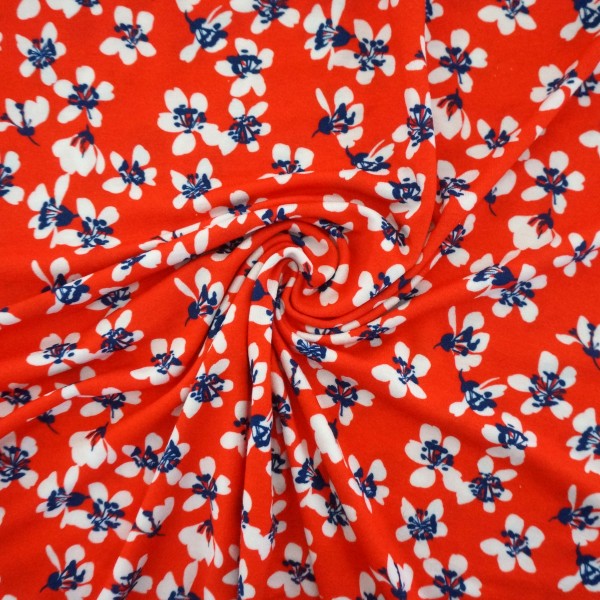 Viskosejersey, Mika, Blüten auf Rot, swafing, Meterware