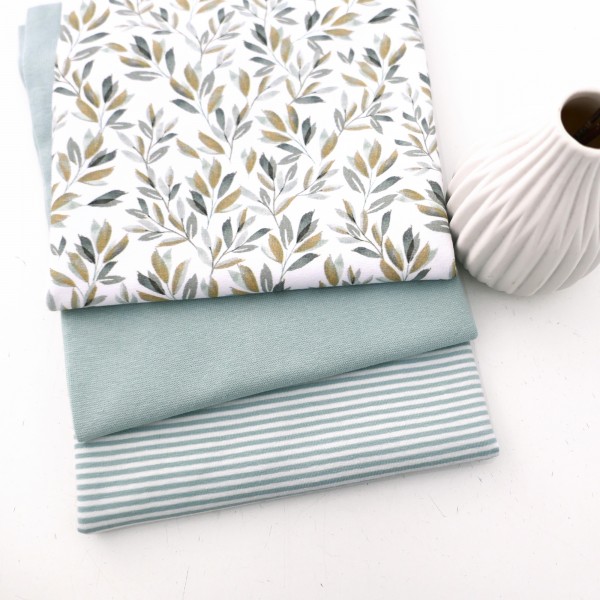 Stoffpaket Jersey Blätter, Zweige, Mint, Ringel, 50cm Bündchen