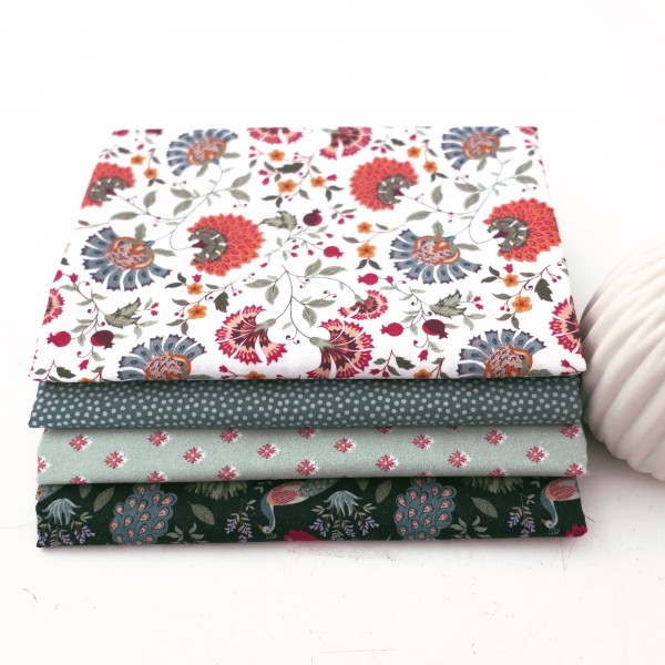 4 x 50 x 140 cm, Stoffpaket, Pfauen, Punkte, Blumen, Baumwolle
