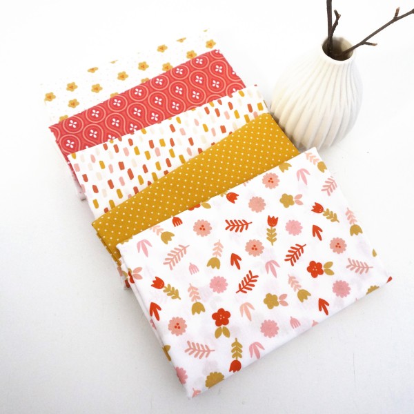 Stoffpaket, 5 x Fat Quarter, Baumwolle, Blumen, Koralle, Senf