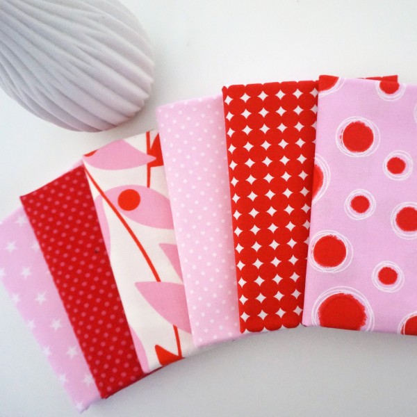 Stoffpaket Baumwolle, 6 x Fat Quarter, 'Rot-Rosa' Mixed