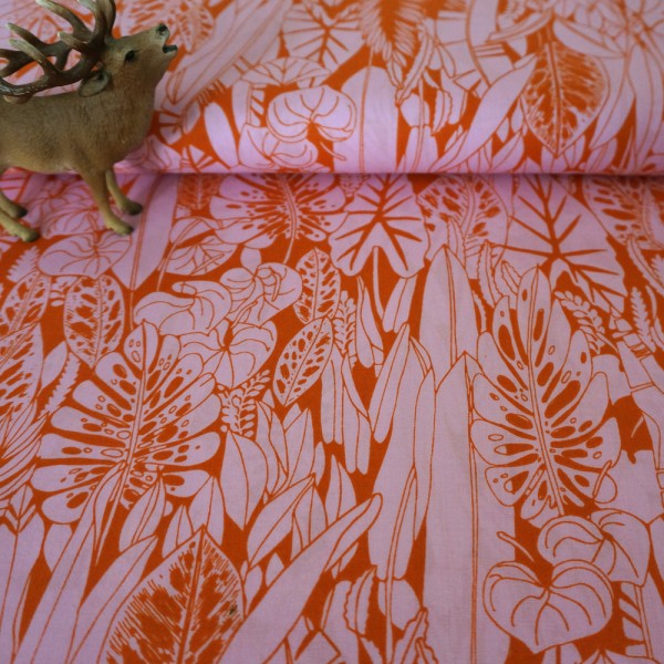 Rest, Baumwollstoff, Bird's Eye View Blätter Rot/Rosa