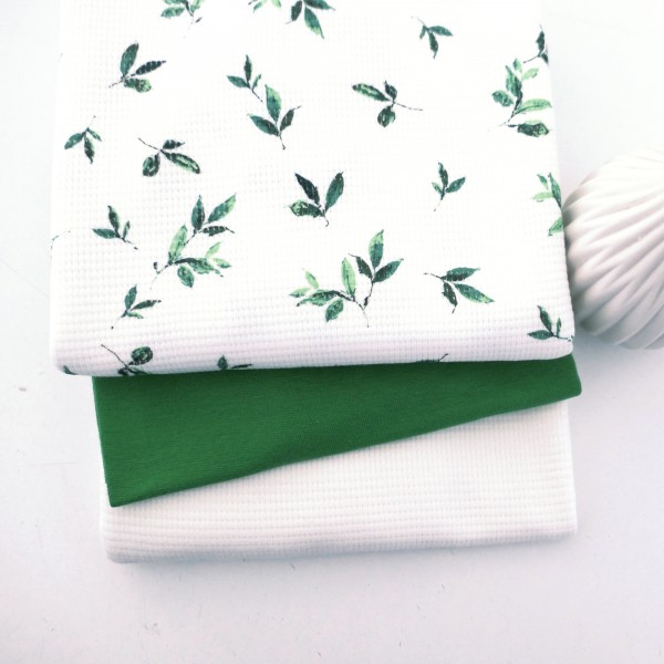 Stoffpaket Waffeljersey, 'Zweige', Grün/Naturweiß, Uni, Naturweiß, Bündchen