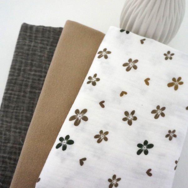 Stoffpaket Musselin, Streublumen Taupe, Uni Dirty Washed, Bündchen