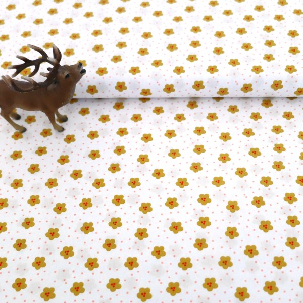 Baumwollstoff, Popelin, Blumen, Weiß, Gelb, Meterware