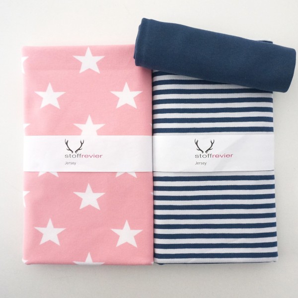Jersey Stoffpaket, 'Stars & Stripes' Sterne Rosa, Streifen Blau, Bündchen
