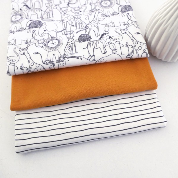 Stoffpaket Jersey, Im Zoo, Linien Off-White, 25 cm Bündchen Orange