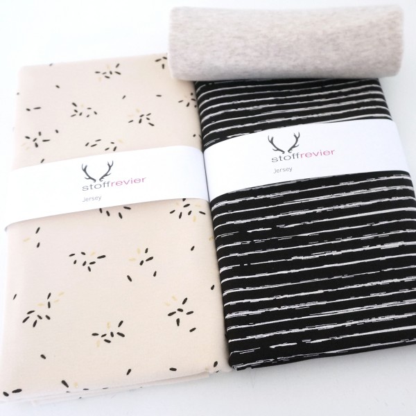 Stoffpaket Jersey, Glitter Stripes, Vanille, Linien Schwarz, Bündchen
