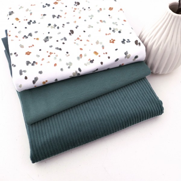 Stoffpaket Jersey Kleckse Water Colour, Cordjersey Uni Smaragd, Bündchen