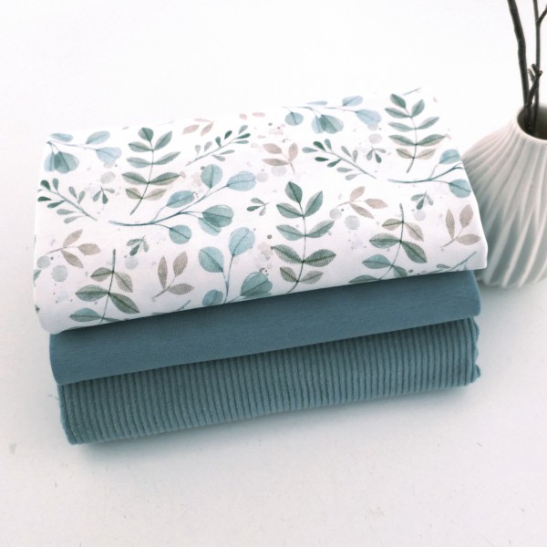 Stoffpaket Jersey Zweige, Blätter, Cordjersey Uni Mint, Bündchen