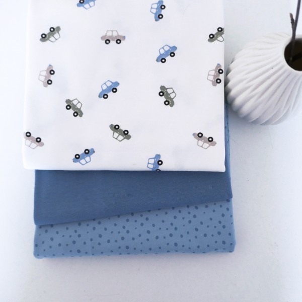 Stoffpaket Jersey, kleine Autos Off-White, Kleckse und Bündchen Blau