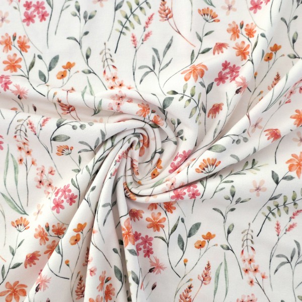 Jersey Blüten, Zweige, Off-White, Bunt, Meterware