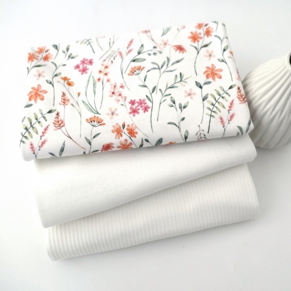 Jersey Stoffpaket, Kräuterwiese, Ripjersey Uni, Bündchen Off-White