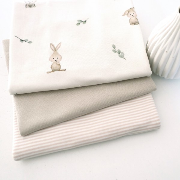 Jersey Stoffpaket, kleine Hasen, Ringel Creme, 50cm Bündchen