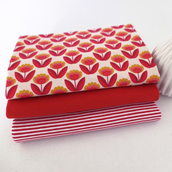Stoffpaket Jersey, Retroblume, Orange, Ringel, 50 cm Bündchen Rot