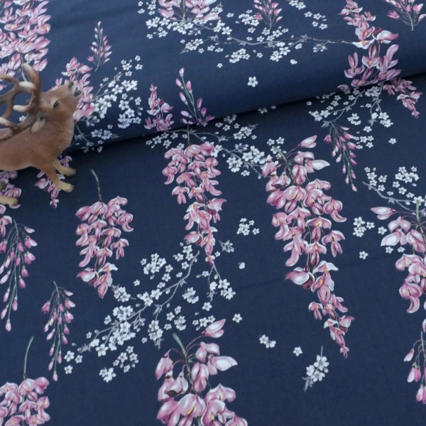 Baumwollstoff, Wisteria, Blauregen, Dunkelblau, Meterware