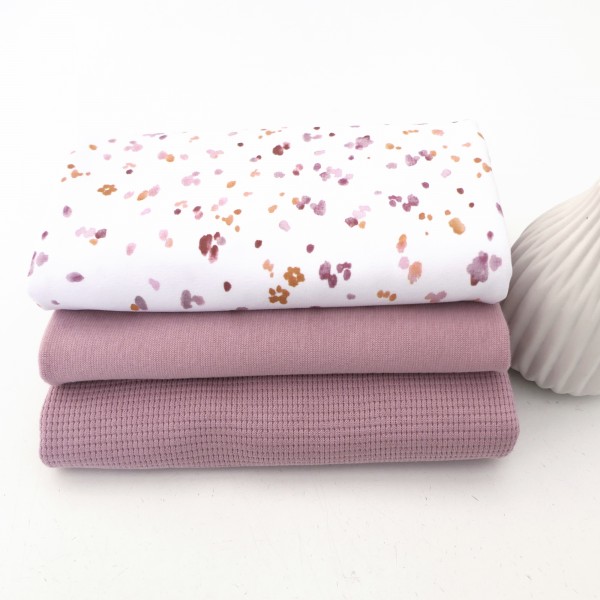 Stoffpaket Jersey, Kleckse Altrosa, Waffeljersey und 50cm Bündchen Altrosa