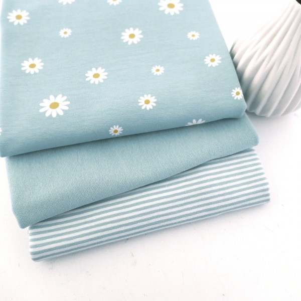 Stoffpaket Jersey, Margheriten, Mintblau, Ringel, Bündchen