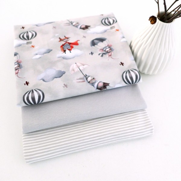 Stoffpaket Jersey Let's Fly, Hellgrau, Ringel, 50 cm Bündchen