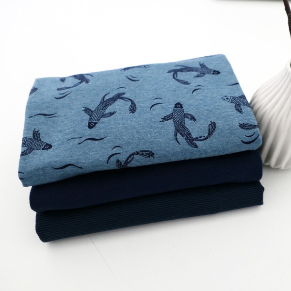 Stoffpaket Jersey Kois, Fische, feine Ringel, Dunkelblau, 50 cm Bündchen