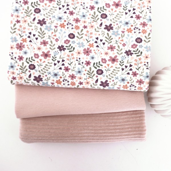 Stoffpaket Jersey Streublumen, Cordjersey Softrose und Bündchen