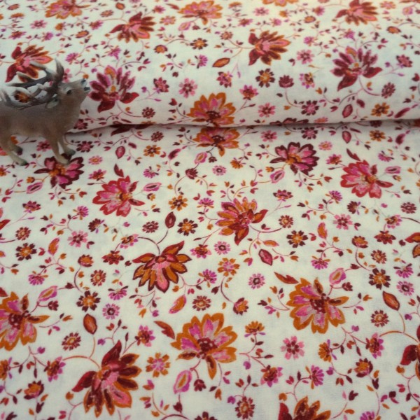 Musselin, Double Gauze 'Blumenranken', Weiß, Orange, Meterware