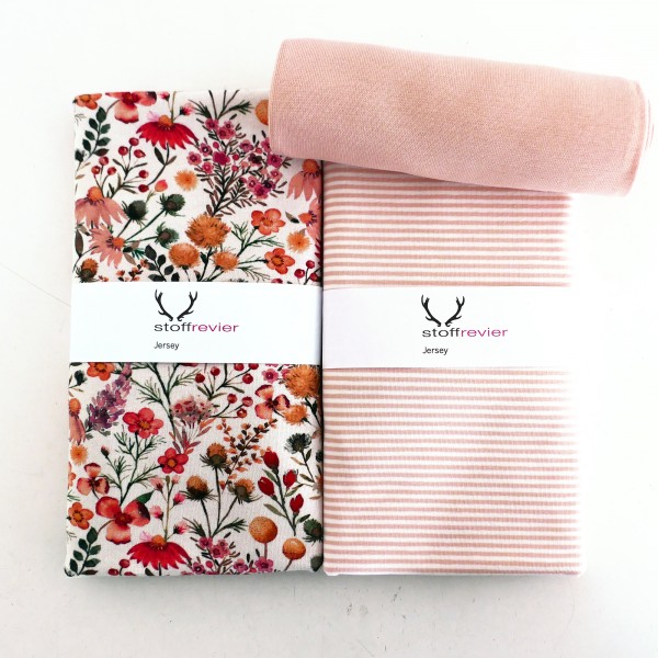 Stoffpaket Jersey, Flowers, Wildblumen, Ringel u. Bündchen Mint