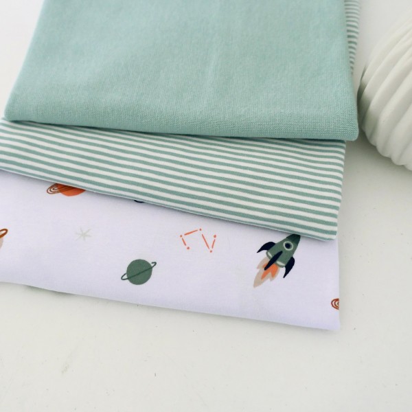 Stoffpaket Jersey 'Space' Weiß, Ringel Mint, Bündchen
