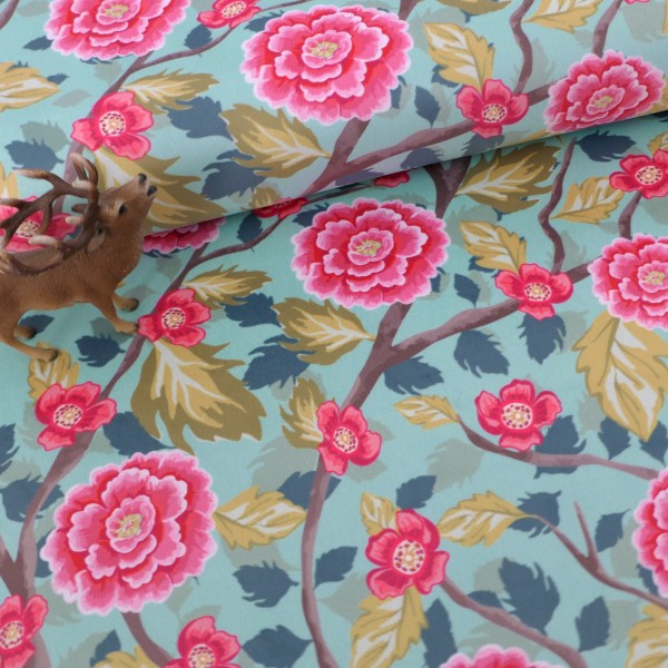 Samt, Boho Velvet, große Blüten, Äste, Mint, Pink, swafing, Meterware