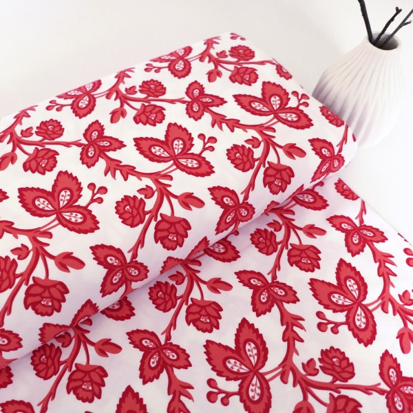 Jersey, Ranken, Flowers, Coral, Rot, Meterware