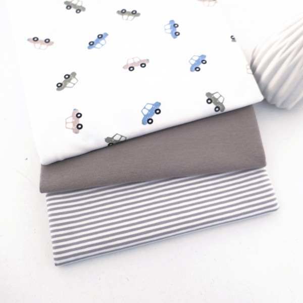 Stoffpaket Jersey, kleine Autos, Ringel, Bündchen